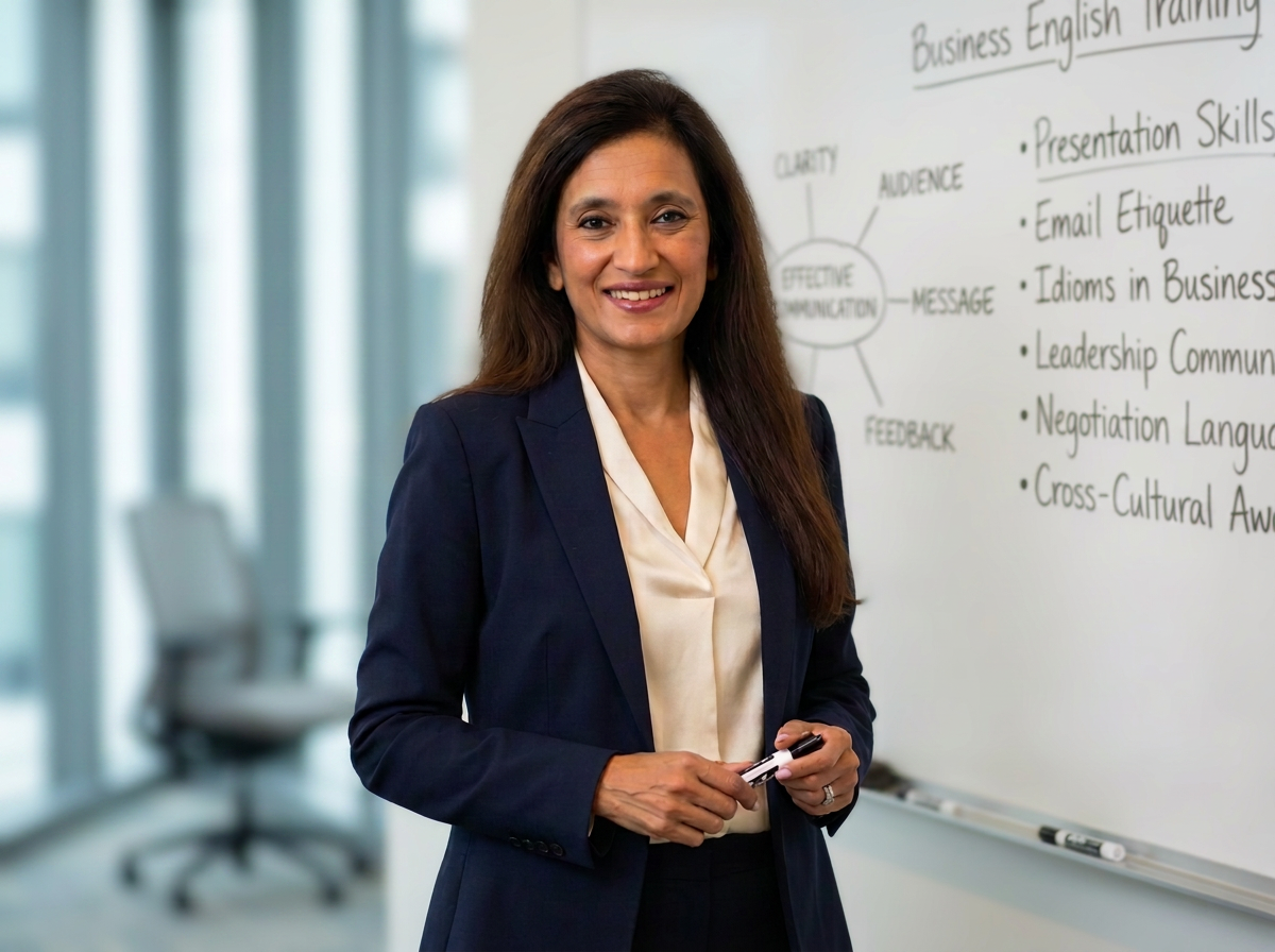Su standing in front of a whiteboard during a Business English training session
