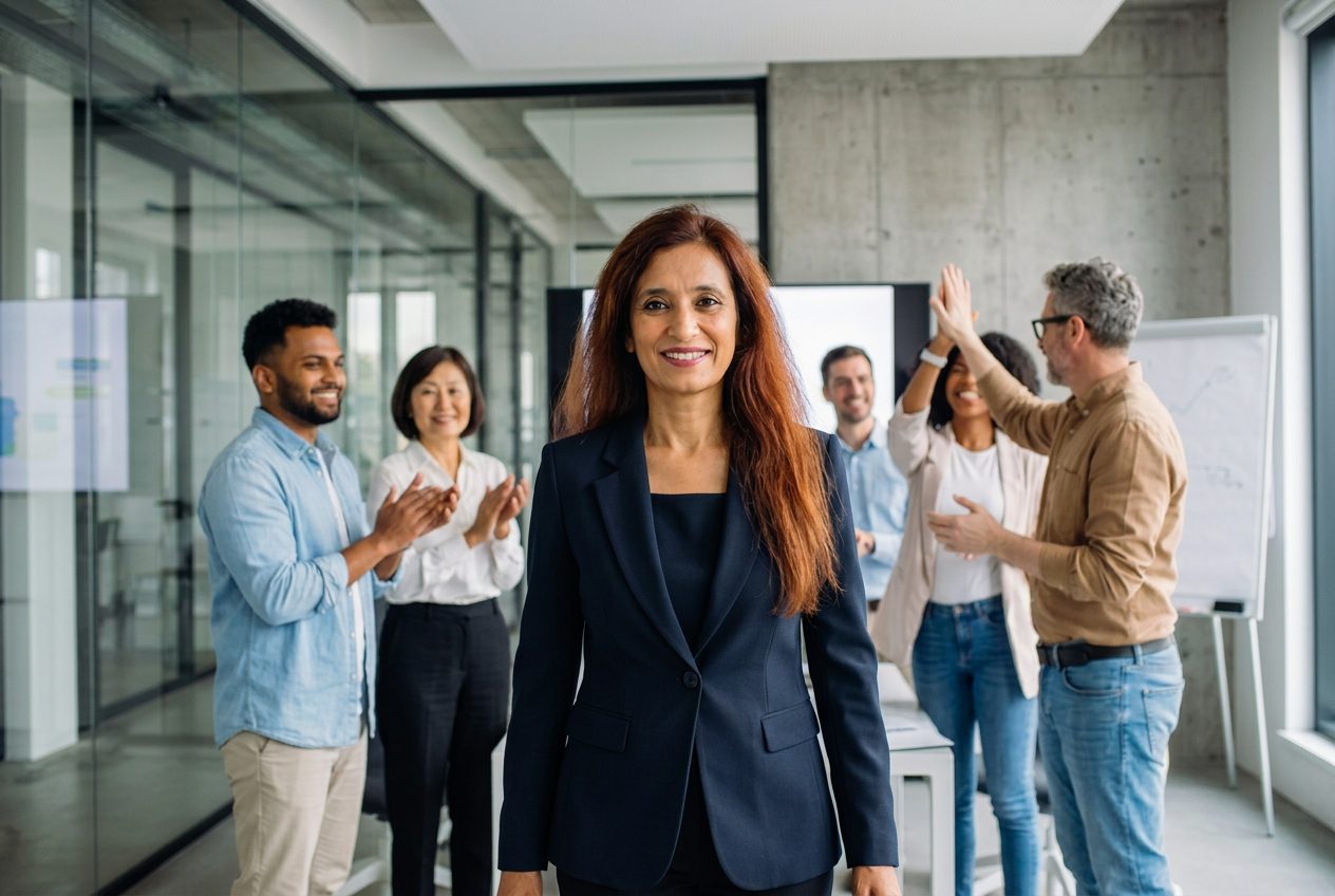Confident professional stepping forward - take the next big step in your career