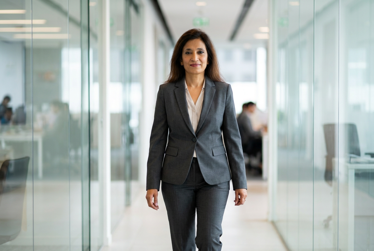 Confident professional stepping forward - take the next big step in your career