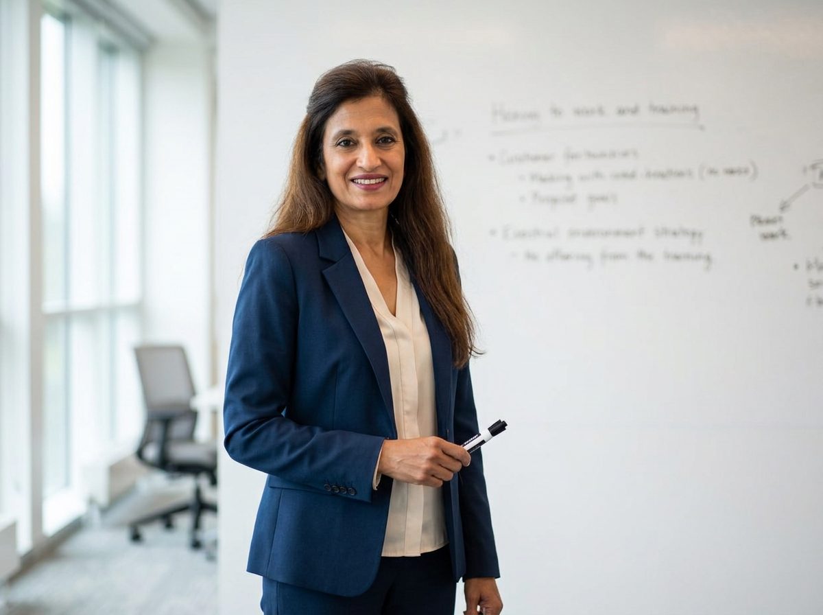 Su standing in front of a whiteboard during a Business English training session